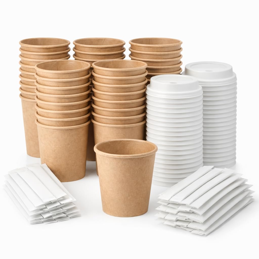 GASTROTOMI Vasos Cafe de 120 ml – 100 Unidades y 100 Paletinas Cafe Desechables de Madera con Funda, Vasos Desechables para Espresso, Degustaciones y Oficina – Vasos Carton Kraft – Pack Completo — view 9