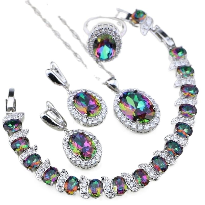 XJruixi Romantic Fashion Colorful Crystal Women Luxury Wedding Necklace Pendant Earrings Bracelet Ring Set Jewelry