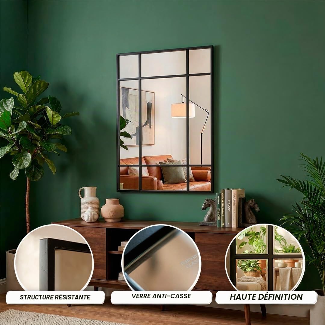 Marctani Miroir de fenêtre mural 90 x 60 cm - Miroir industriel décoratif avec cadre en métal - Design rectangulaire effet fenêtre pour entrée, salon