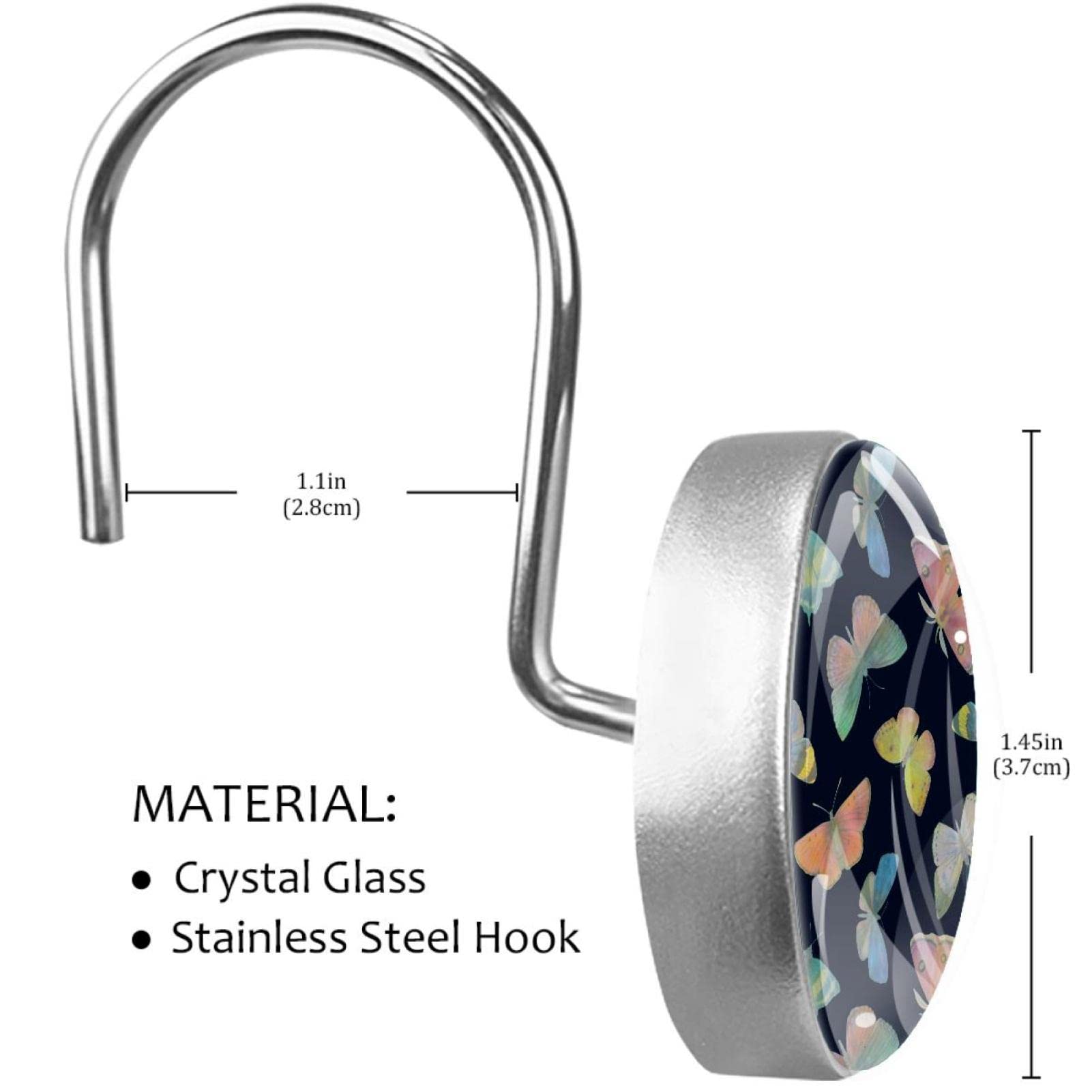 12 Ganci Per Tenda Doccia Con Farfalla E Fiori, In Vetro Cristallo E Acciaio Inox, Antiruggine, Scorrevoli, Per Bagno, Diametro Gancio 2,8 Cm