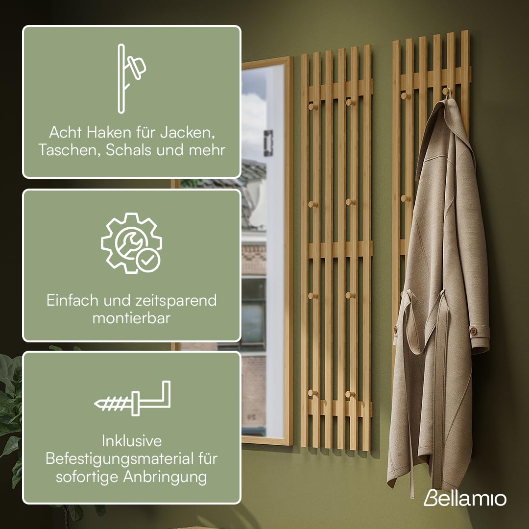 Bellamio Sava Garderobenpaneel – Flurgarderobe aus Bambus 110 x 25 cm – schmale Wandgarderobe mit 8 Kleiderhaken – Wandpaneel für Flur/Eingangsbereich/Schlafzimmer/Garderobe