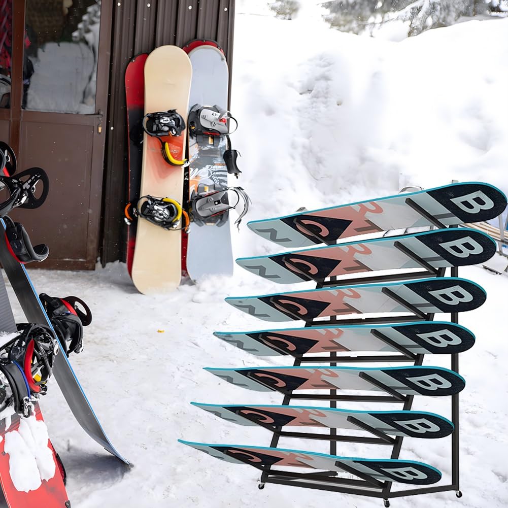 Generisch Freistehendes Snowboard- und Ski-Aufbewahrungsregal aus Metall – Garagen-Organizer für das Heim-Fitnessstudio, verstellbare 4/5/6 Ebenen, platzsparendes Design (920 x 50 x 113 cm)