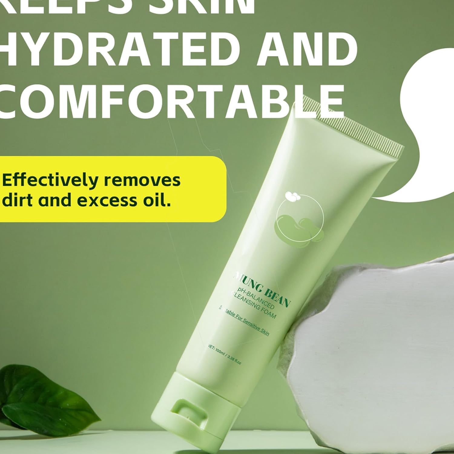 Schiuma detergente bilanciata per fagioli mung Detergente per il viso a pori profondi Esfoliante delicato Detergente per il viso idratante lenitivo per tutti i tipi di pelle (1Pezzo)