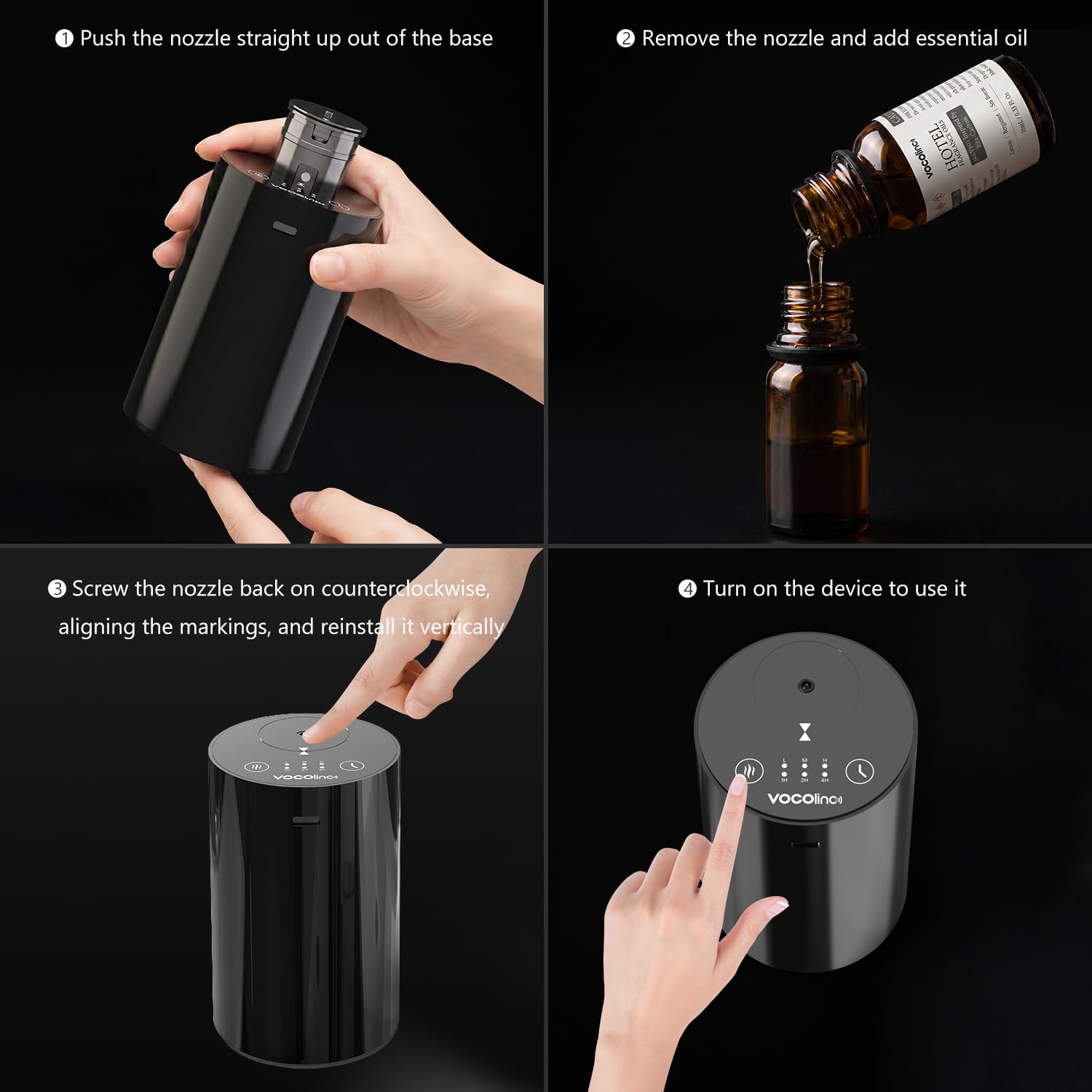 Diffusore senza acqua per oli essenziali, Mini diffusore portatile per aromi, Aromaterapia, Zerstäuber, con 10 ml di olio profumato per hotel, 1/2/4H/Timer, 3 livelli di nebbia per casa, stanza, auto