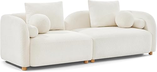 Miniatura 8 de Moderno sofá curvado Sherpa Boucle de 3 plazas, cómodo sofá nube con patas de madera y almohadas, sofás minimalistas para sala de estar,
