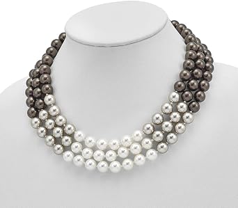 Solid 925 Sterling Silver Majestik Rh 3 Row 10-11mm Gry Wt Blk Shell Necklace
