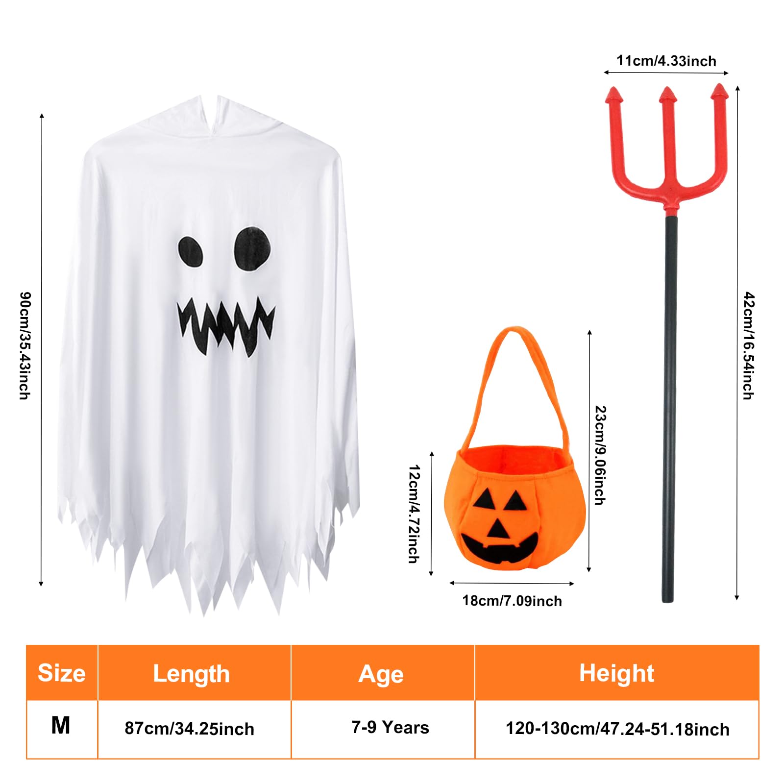 Satar Refes Halloween Ghost Costume for Kids Ghost Costume Kids Fancy Dress with Pumpkin Candy Bag Cloak Hooded Trident Scary Ghost Face Cape Costumes for Kids Boys Girls Halloween Carnival Cosplay - Image 2