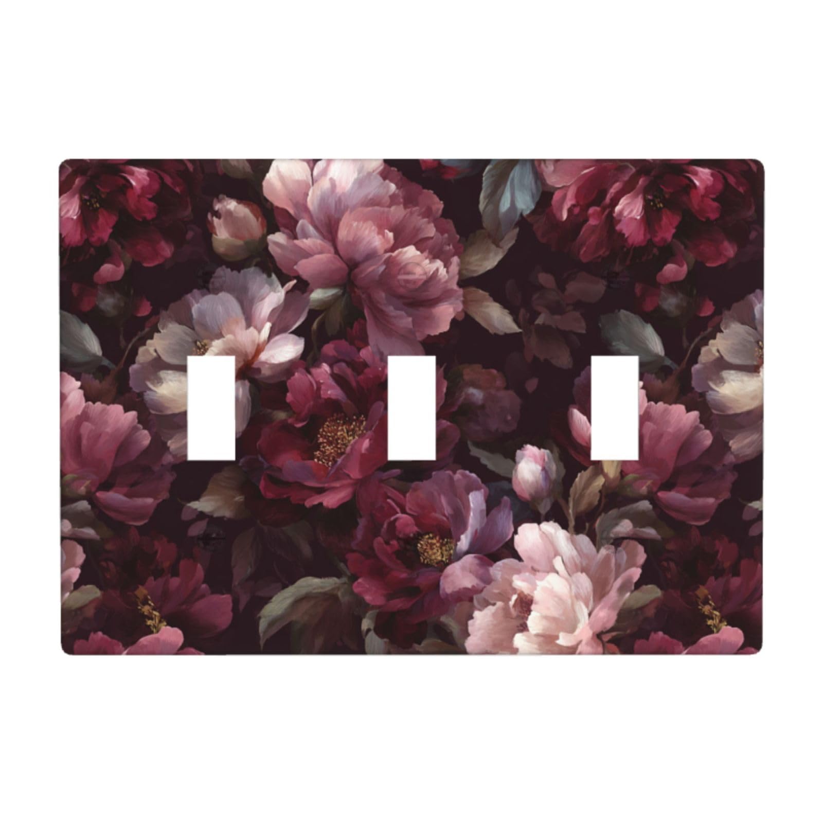 Burgundy Florals Luxurious Botanical Light Switch Covers 3 Gang Triple Toggle Wall Plate Switchplate Electrical Faceplate for Bathroom Kitchen Bedroom Decor
