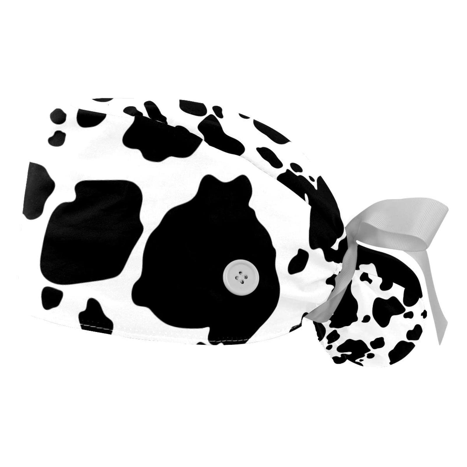 2 PCS Bouffant Cap with Button Ponytail Pouch Working Cap Sweatband Adjustable Surgical Cap Black and White Cow