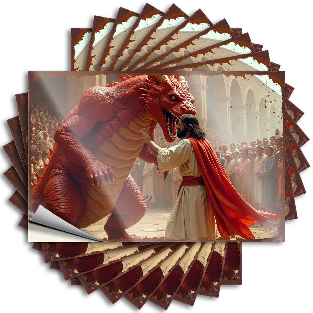 Cool Wall Decor Hat Tattoos | Jesus Confronting A Giant Red Dragon in Front of an Ancient Citys Bookish for Farmers Decor(6X9CM)