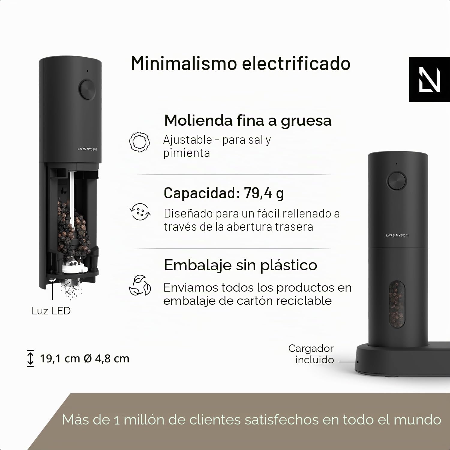 LARS NYSØM Juego de Molinillos Eléctricos de Sal y Pimienta | Molinillos Automáticos con Molino de Cerámica Ajustable | Recargables por USB (Carbon Black)