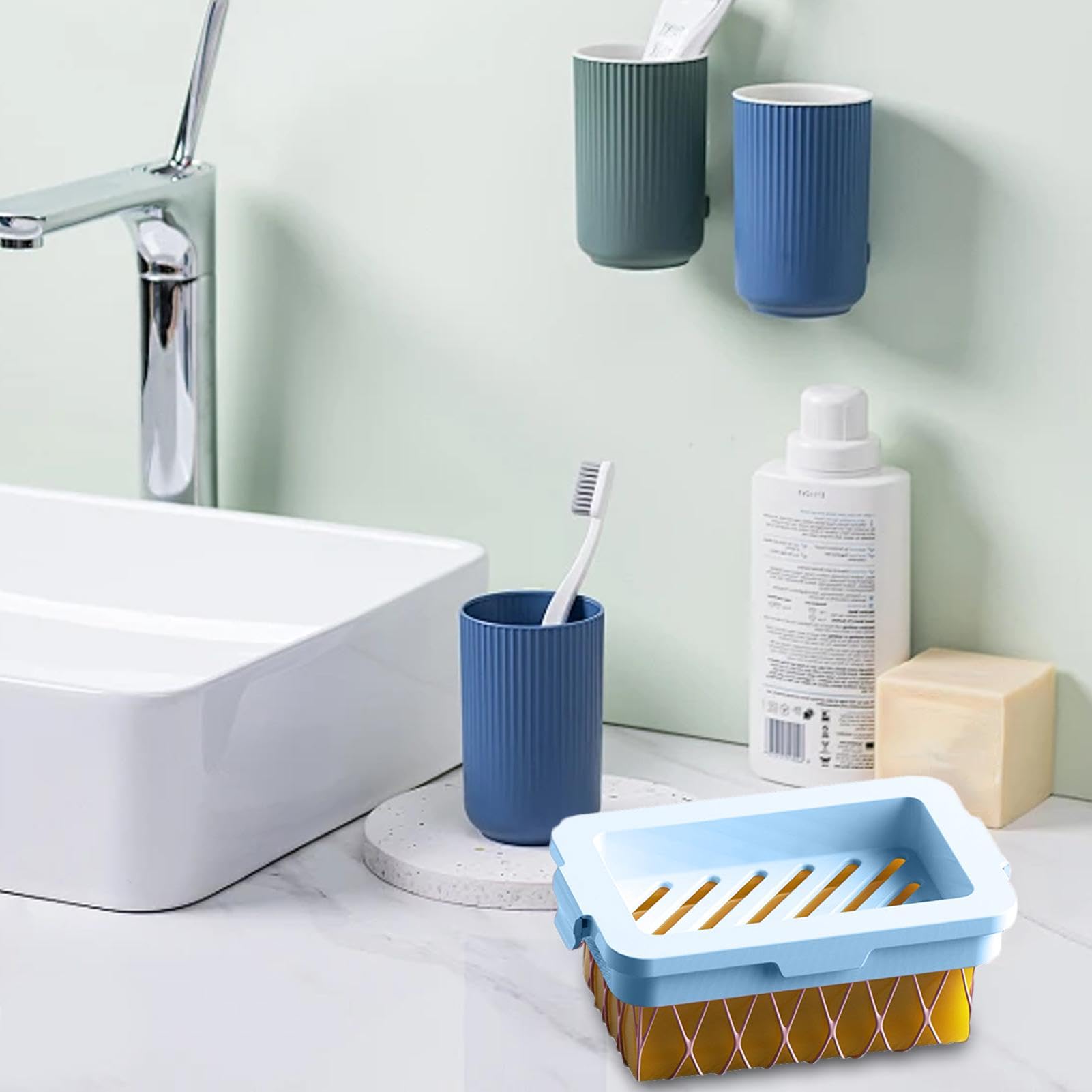 Portasapone Schiumogeno Con Rullo - Scatola Sapone Con Scolapasta E Coperchio Per Bagno E Lavanderia (Blu) - Foto 3