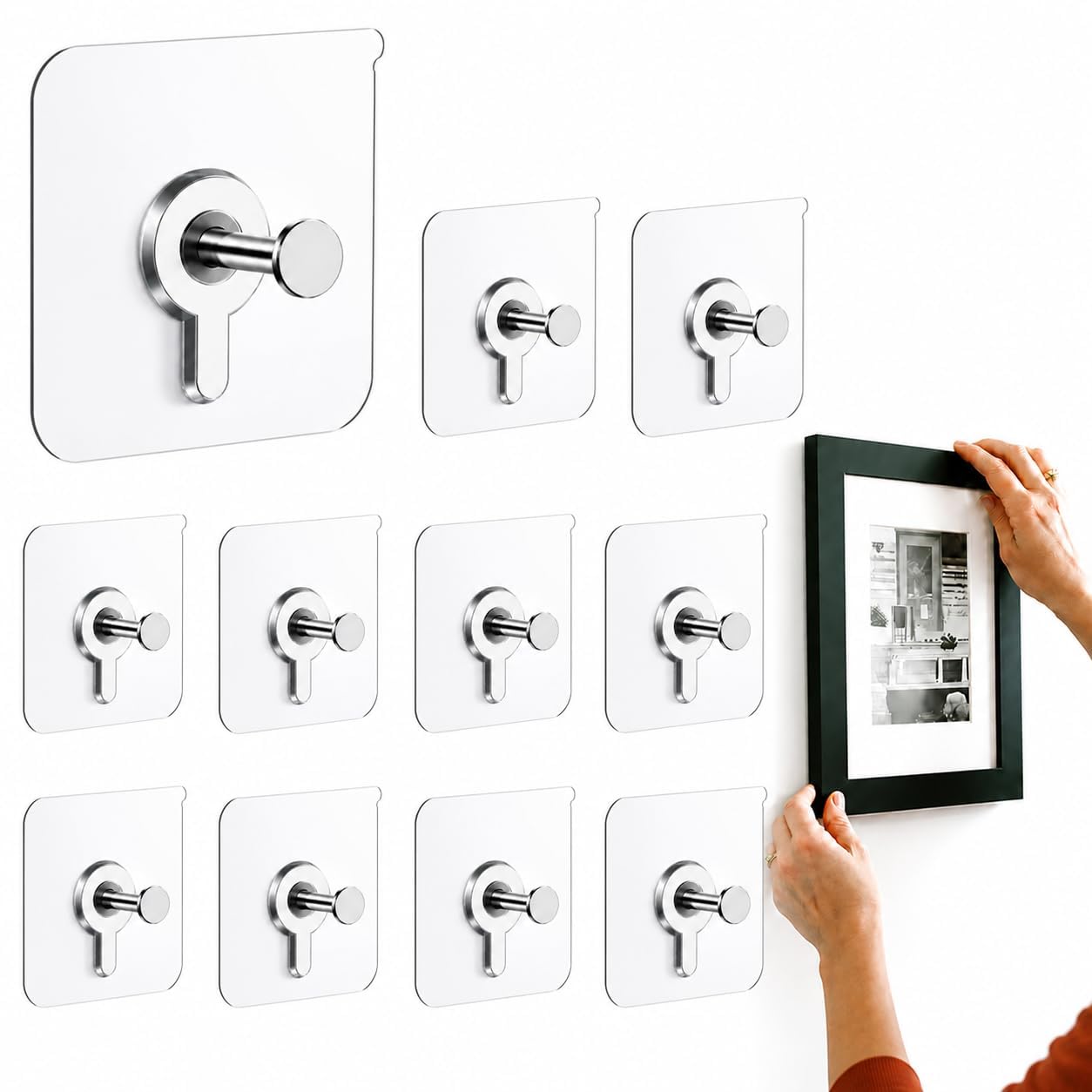 Photo Frame Hooks for Wall Without Drilling, 10 Pack Self Adhesive Hooks for Wall Heavy Duty Strong Nail Free for Hanging Photo Frame (Hanging Hook, Transparent) Stainless Steel-image-25