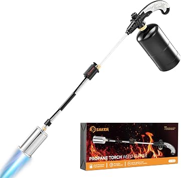 Saker Propane Torch Weed Burner 45,000 BTU Flame Thrower with 30" Curved Handle, Comfort Grip, Heavy Duty Propane Torch for Weed Control, Ice Melting, Snow Removal Propane Tank Not Included