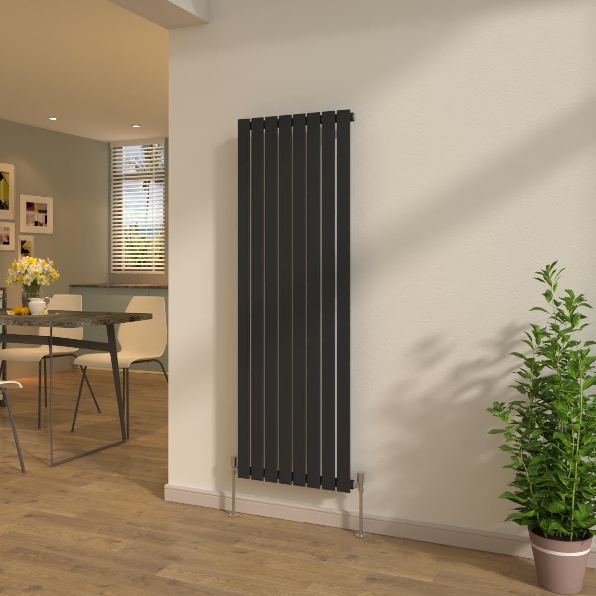 NRG Modern Flat Panel Single Column Designer Radiator Vertical Black 1600x544mm Central Heating Rads + Free Angled Valves