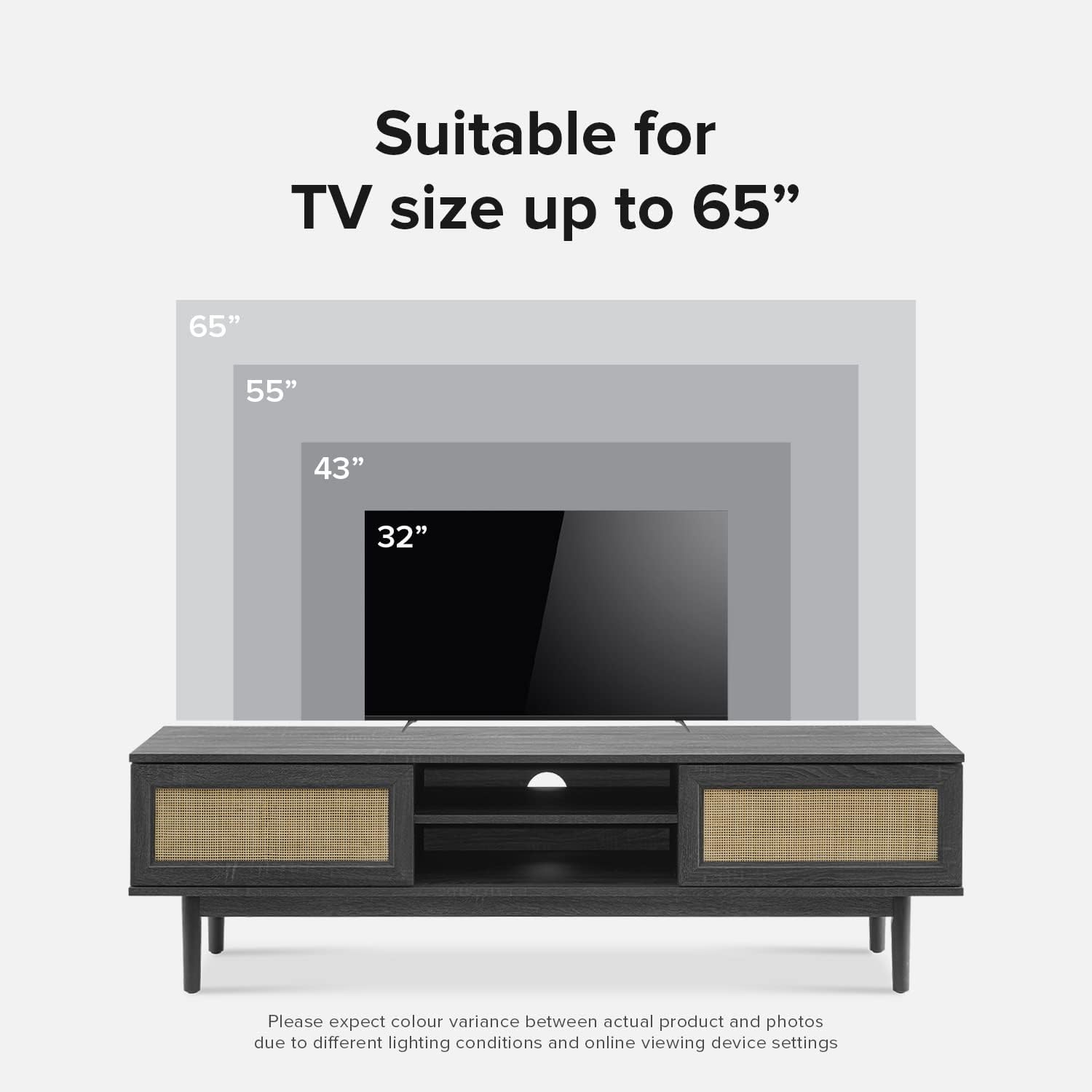 mopio Haylee TV Stand, Modern Farmhouse Television Stand for 55/60/65 inch TV, Natural Rattan Boho Entertainment Center with Storage, Media Console Credenza Table for Living Room, Bedroom (Black 59")