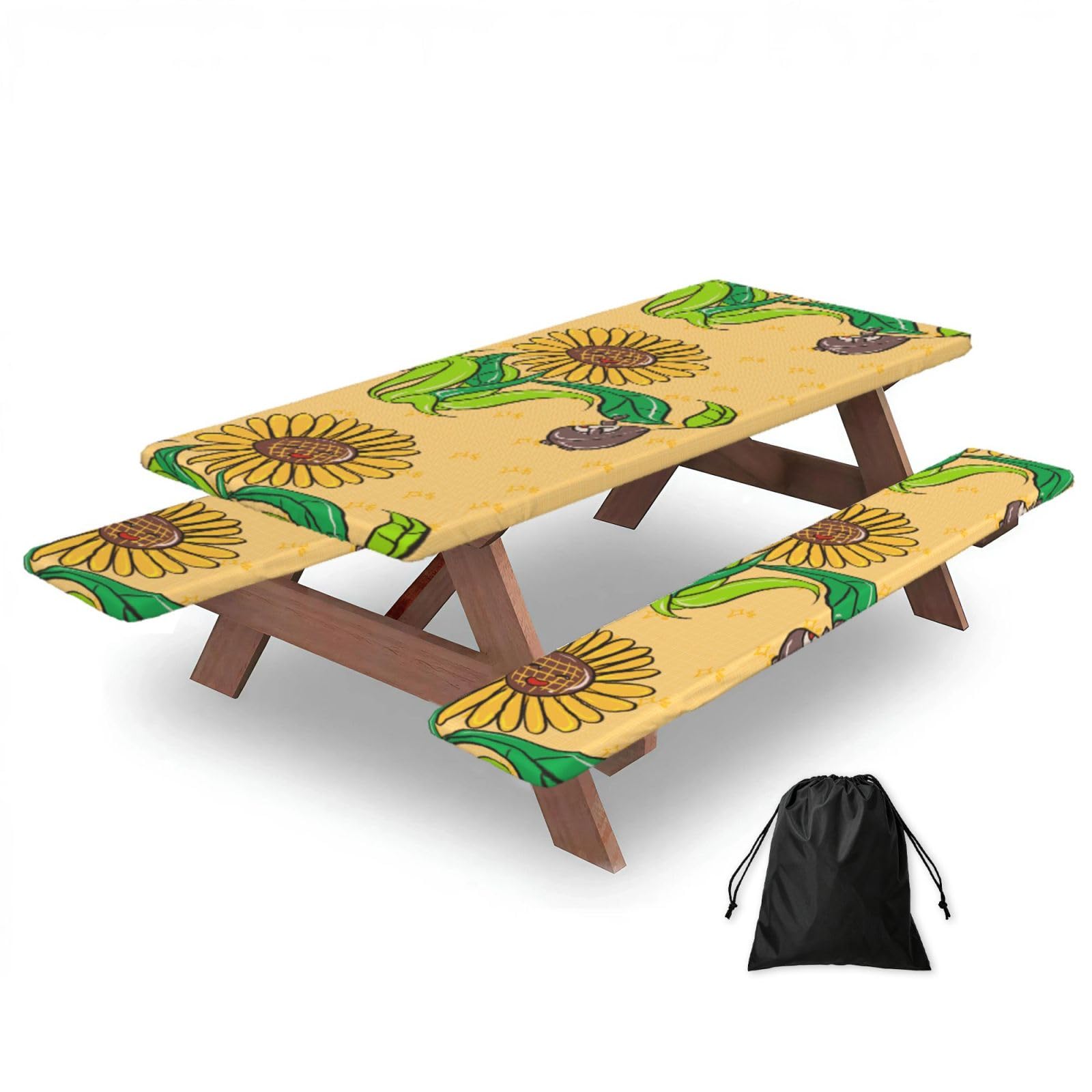 Hhbiuuo Black 72In Camping Table Cover & Bench Covers 3-Pack Set, Sunflower Seeds And Sunflowers Print Tablecloths, For Rectangle Tables Picnic