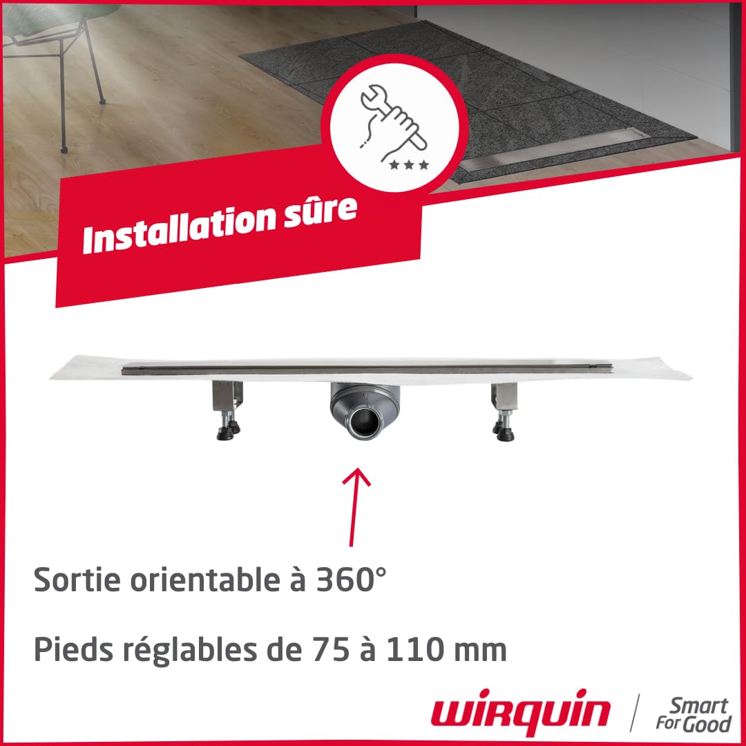Wirquin 30723956 Caniveau de Douche Sortie Orientable 70 cm | Grille inox brossé, sortie orientable 360°, natte d'étanchéité pré-collée, installation facile, entretien facile, chromé