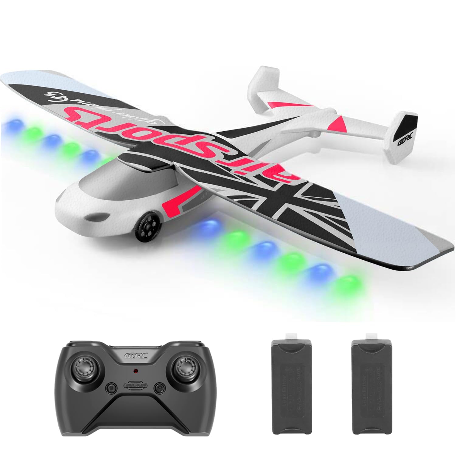 G3 RC Plane, 2.4Ghz Remote Control Airplane, Flying 6-axis Gyro Stabilizer with 2 Batteries, Blue&Green Light, 2CH RTF RC Glider Toy, Easy to Fly for Beginners Adults Kids Girls 8 12 14 Boys, Red