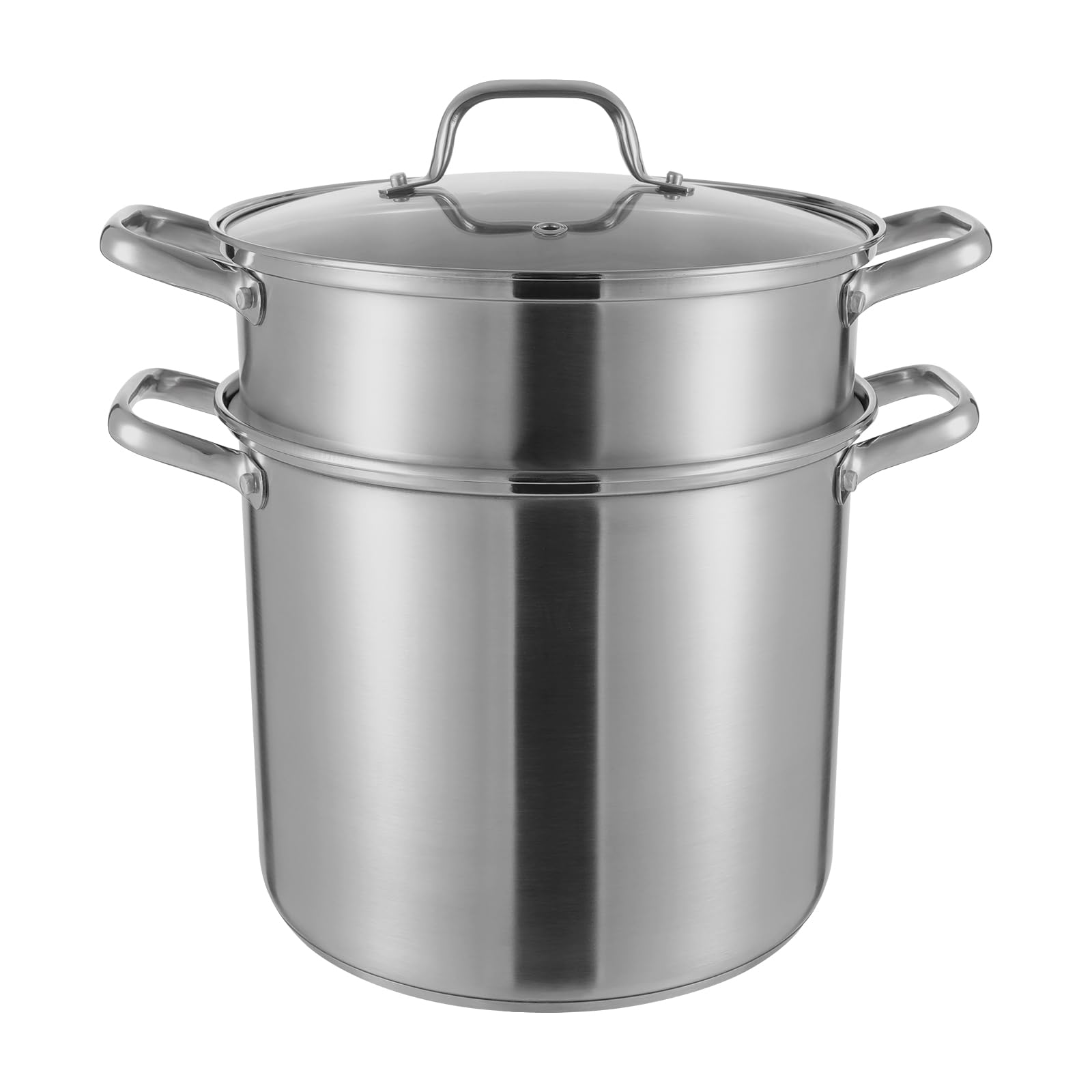 Srebrny okrągły garnek do gotowania, 8 l, ze szklaną pokrywką i wkładką na parę, 36,5 x 36,5 cm, do kuchni