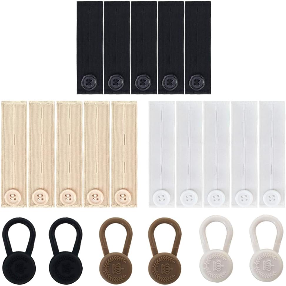 15 Pieces Elastic Waist Extenders and 6 Pants Button Extenders, SourceTon Two Types Strong Adjustable Pants Button Extenders in Black, White and Khaki for Jeans, Trousers and Skirt