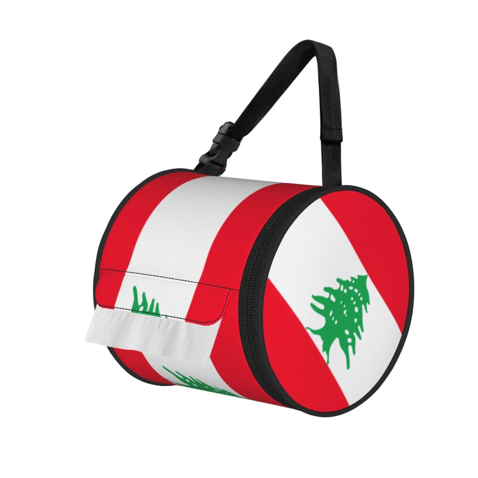 Flag Of Lebanon Print Cylinder Bathroom Tissue Holder With Buckle Strap, Portable Paper Case For Road Trips