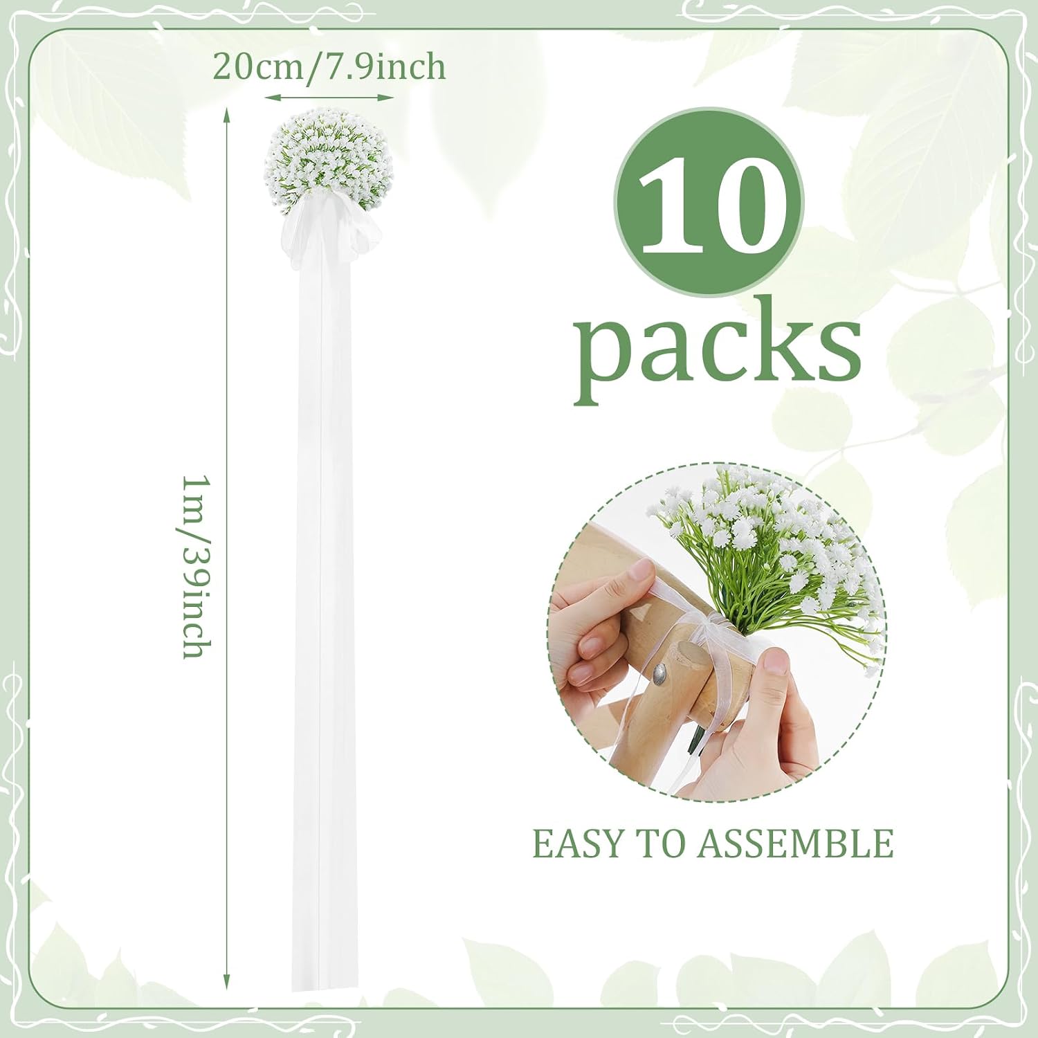 set of 10 wedding aisle decorations for wedding ceremony pew flowers for church chair decorations party decor with artificial flowers baby's breath with sash ribbon