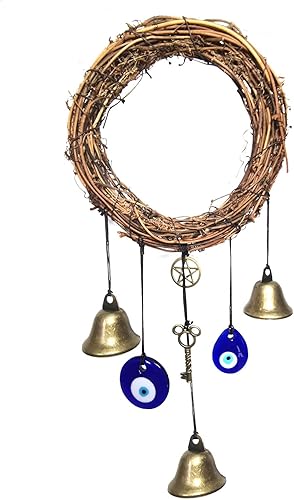 Campanas de bruja para protección de perilla de puerta, decoración de bruja en forma de corazón, energías negativas claras con ojos azules malvados