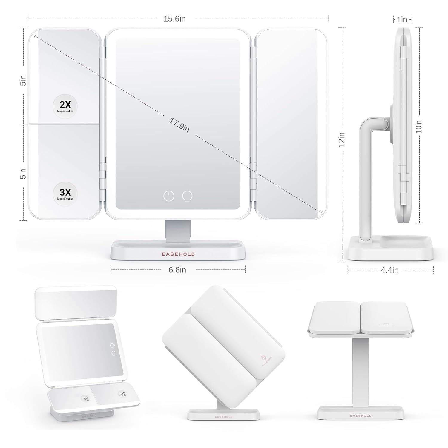 Detailed dimensions of the EASEHOLD Tri-Fold LED Vanity Mirror.