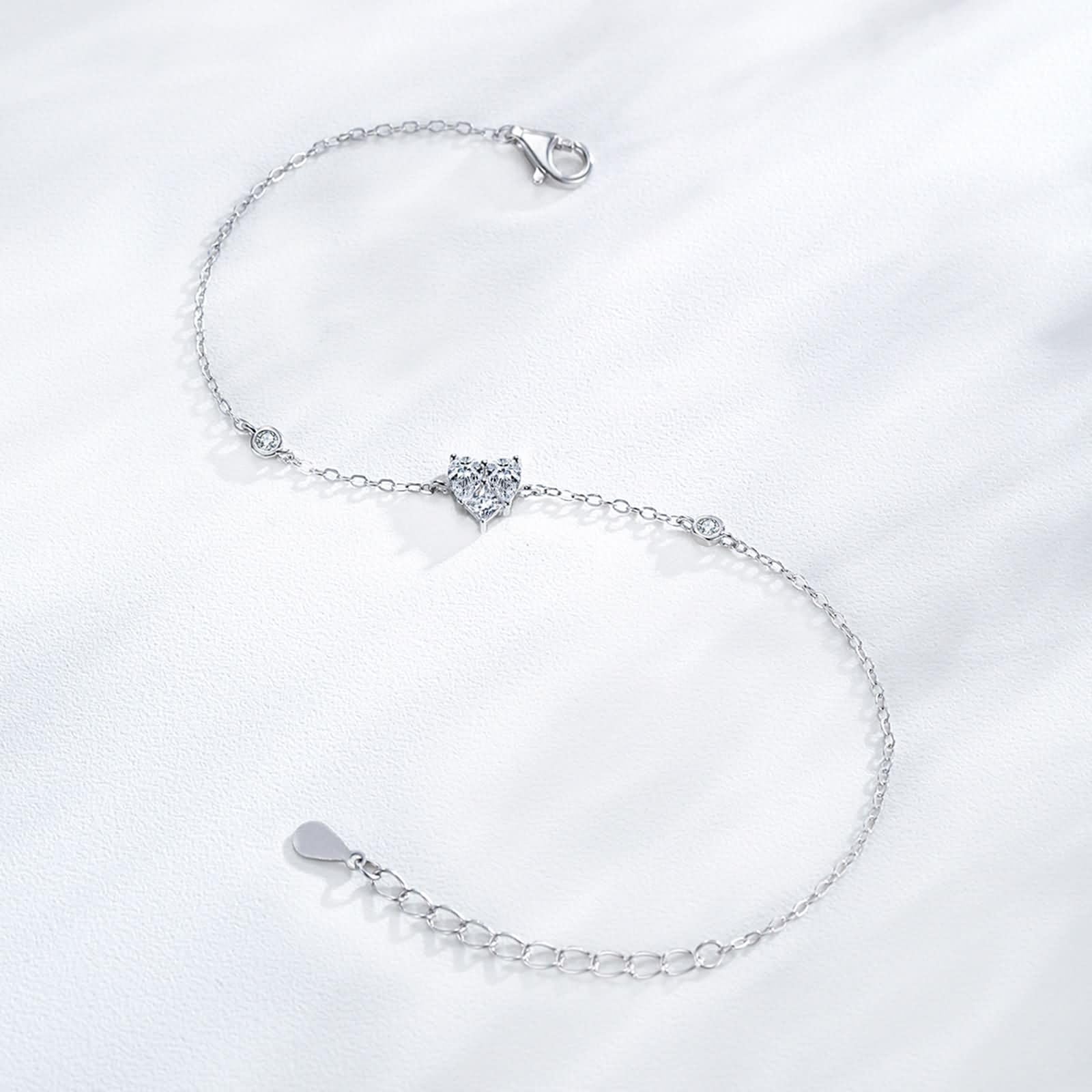 Pulseras de Mujer de Oro Blanco 9Kilates / 14Kilates / 18Kilates, Corazón con Diamante Creado de 0,25 ct, Cadena Extensible 16 CM + 5 CM, Pulsera de Plata de Mujer Ajustable