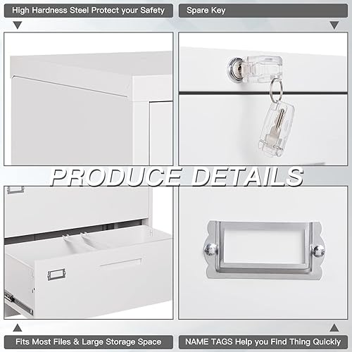 Miniatura 7 de Yizosh Archivador de 4 cajones blanco con cerradura, archivador para oficina en casa, gabinete de almacenamiento de archivos de oficina con cierre