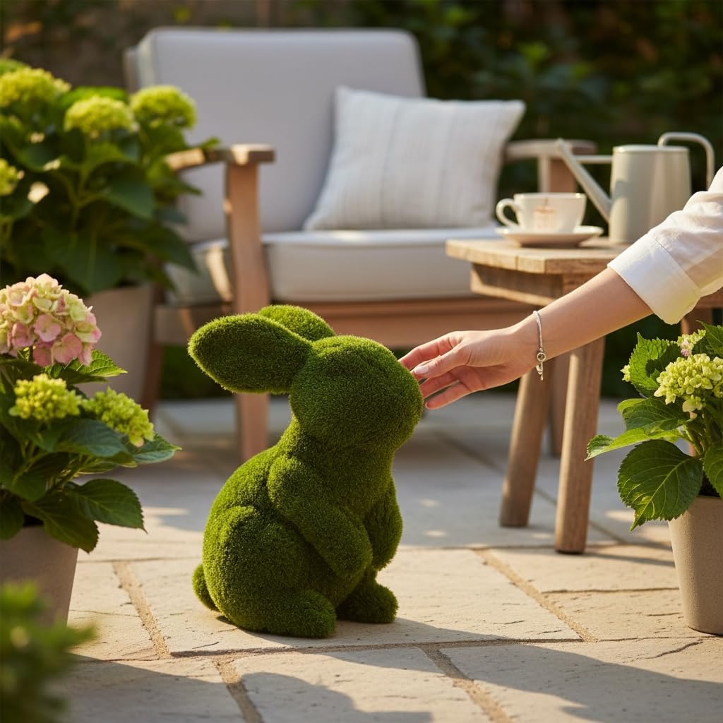 AKKIN Artificial Grass Sitting Bunny Rabbit Garden Ornament, UV-Stabilised, Outdoor Lawn Decor Figurine