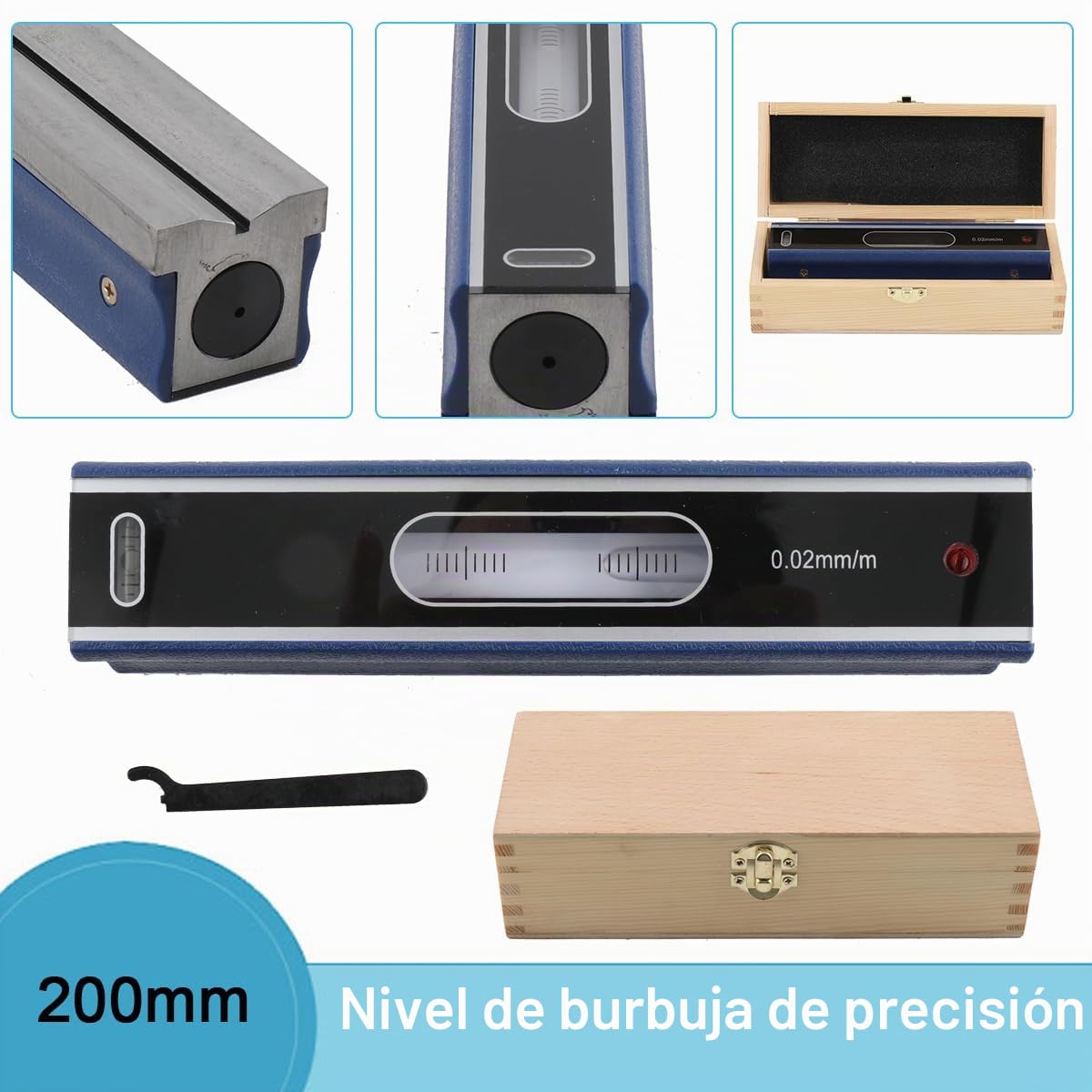 Nivel de burbuja de máquina de 200 mm, nivel de burbuja de precisión, herramienta de medición de nivel de 0,02 mm en calidad industrial, herramienta de medición con caja