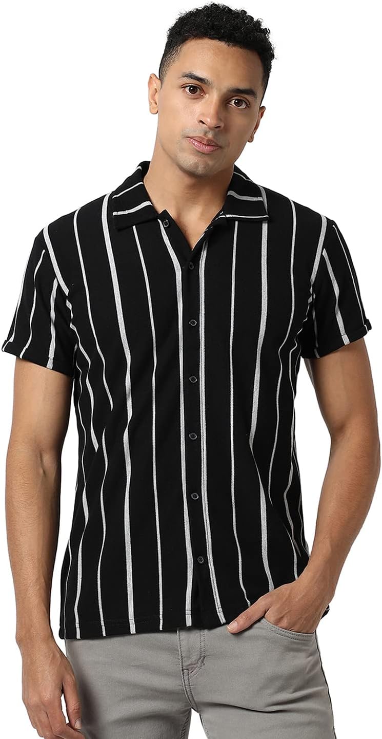 Campus Sutra Men's Black Striped Button Up Collared Regular Fit Shirt for Casual Wear | Shirt Crafted with Regular Sleeve, Comfort Fit & High-Performance for Everyday Wear