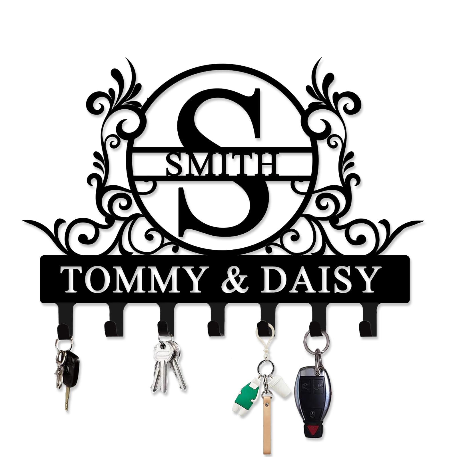 Jiolelores Personalized Metal Key Holder Wall Mount with Family Name Custom Key Hooks Wall Mounted Key Hooks Monogram Name Decor for Kitchen Entryway