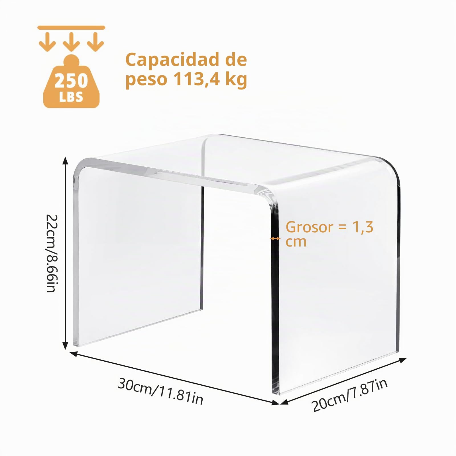 TWSOUL Mesa auxiliar de acrílico transparente, mesa auxiliar en forma de U con bordes redondeados,elegante mesa de centro moderna pequeña,bancos de ducha, taburete de acrílico, taburete transparente
