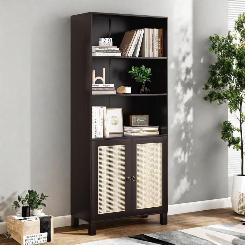 FONTOI Tall Bookshelf, 5-Tier Book Shelf with 2 Rattan Doors, Freestanding Bookcase Display Shelves with Large Storage, Book Case for Living Room, Office, Study, Bedroom, 70.9 Inch