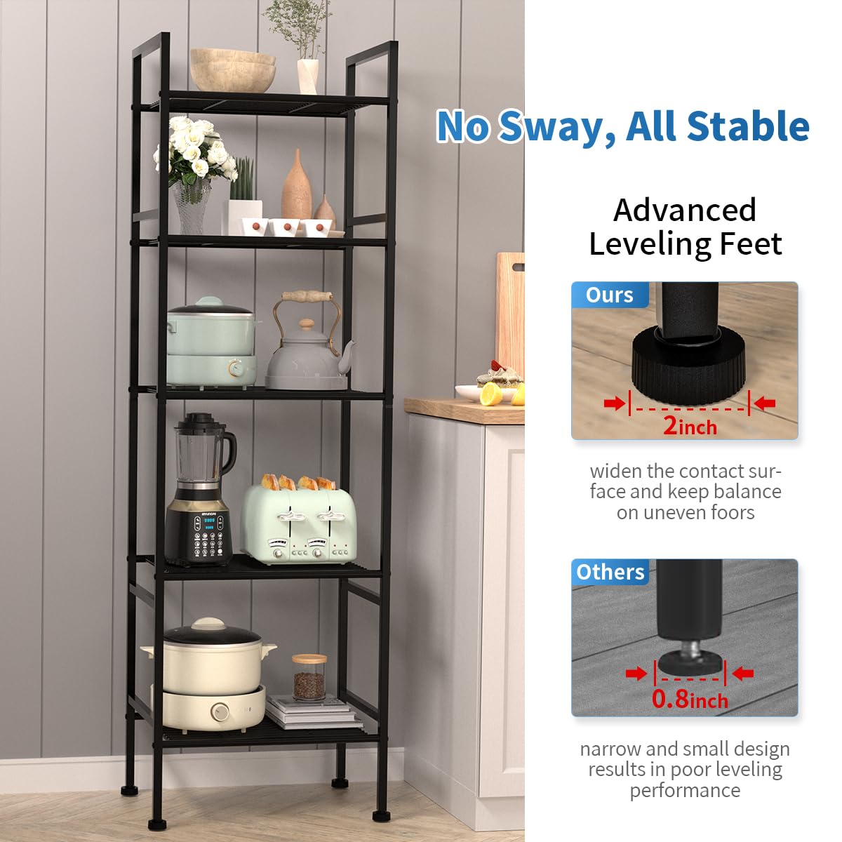 SUNLPH Scaffale a 5 ripiani in filo metallico, regolabile, per lavanderia, bagno, cucina, dispensa, armadio (nero, 42,9 x 31 x 135,6 cm (lunghezza x larghezza x altezza)