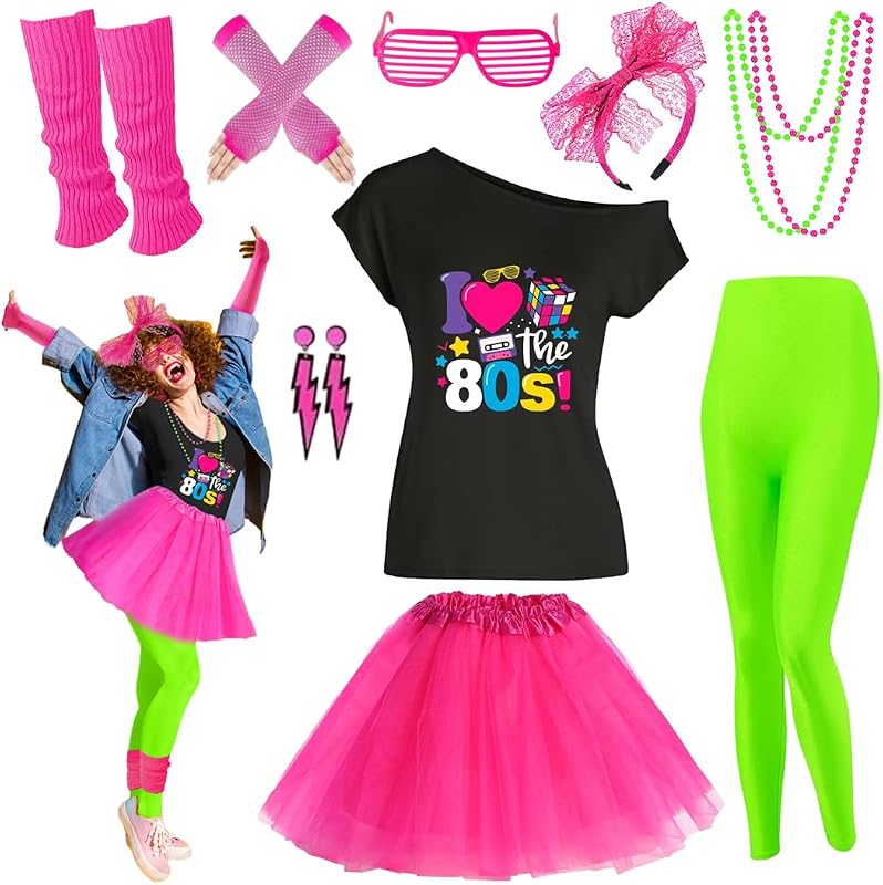 Conjunto de accesorios para disfraz de mujer de los años 80, remera, pantalones cortos, pollera tutú, calentadores de piernas para fiesta Neno, diadema