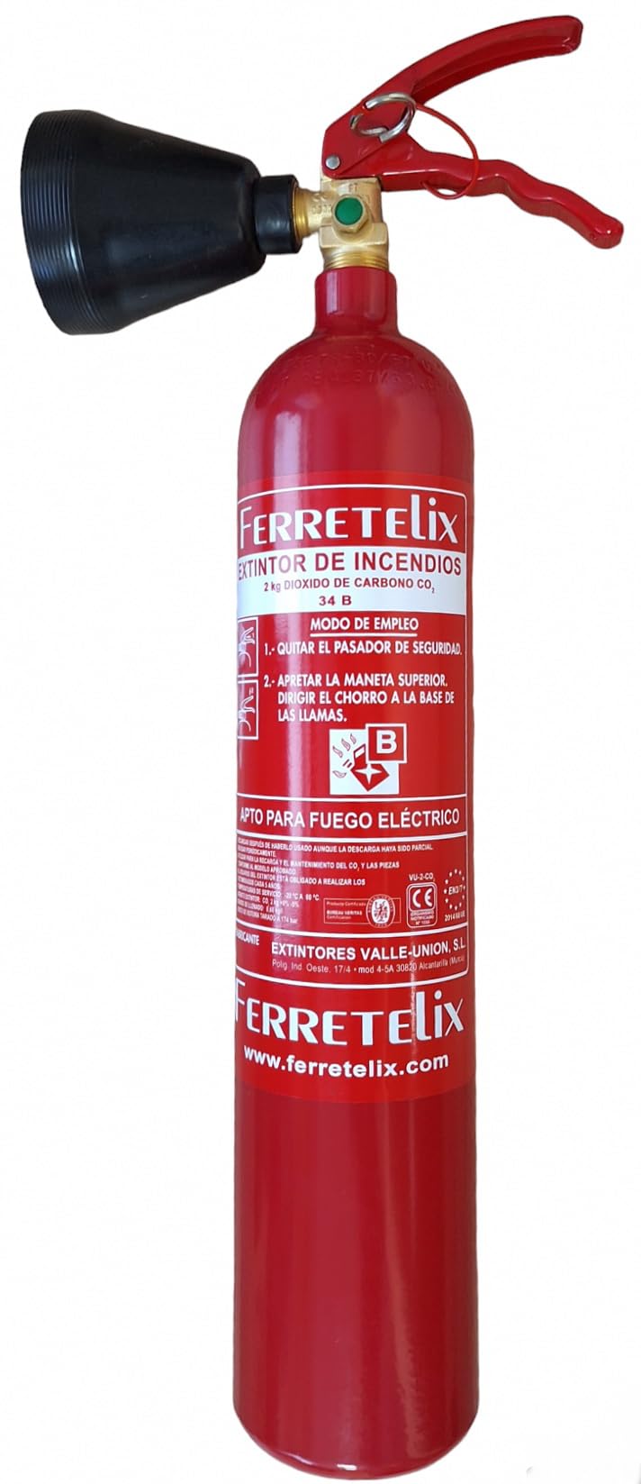 Ferretelix® Extincteur CO₂ 2 kg avec Support Mural Galvanisé et Diffuseur – Sans Résidus – Idéal pour Incendies Classe B et Appareils Électriques G Fecha de fabricacion 2026