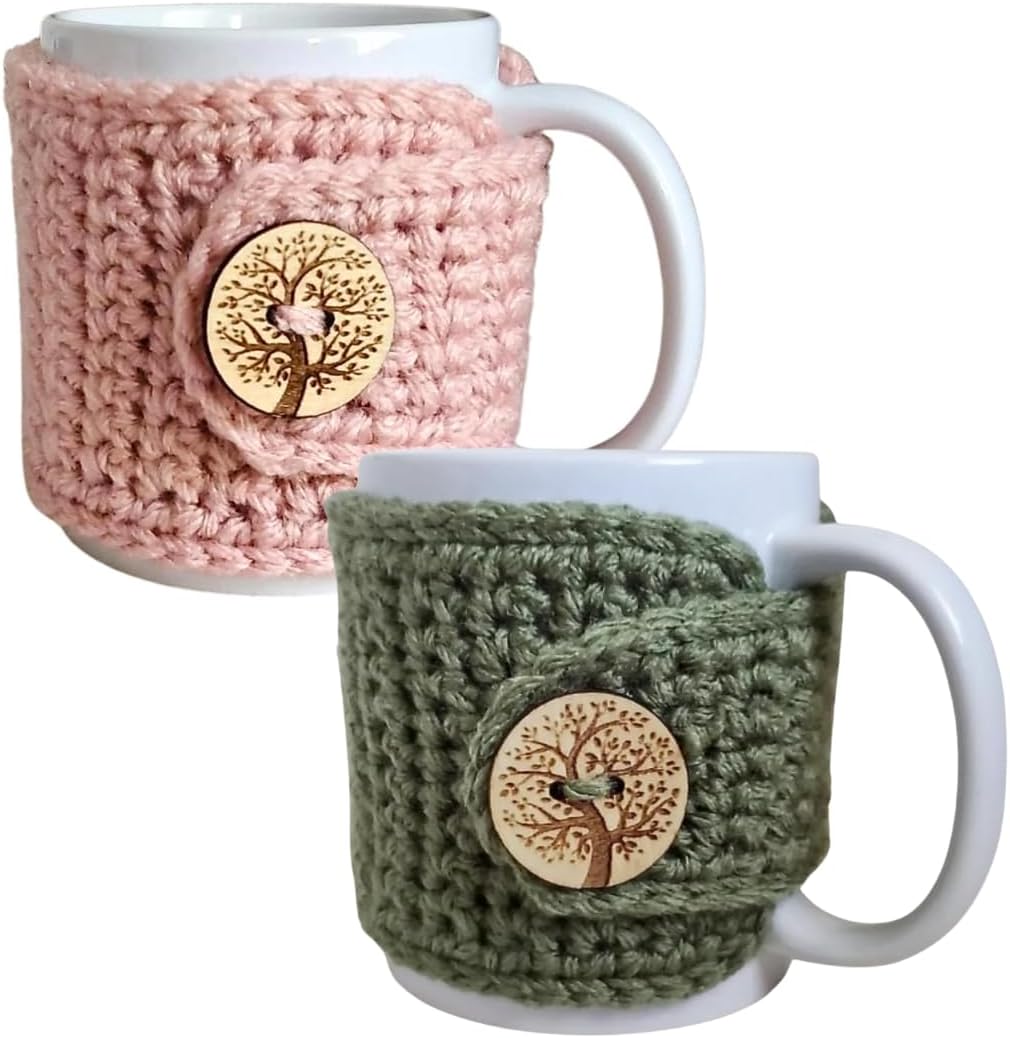 Sage and Rose Pink Coffee Mug Cozy Sleeves, Tea Cozy Wraps for Mom, Cover for 11-Ounce Cups, Nature Themed Cozies
