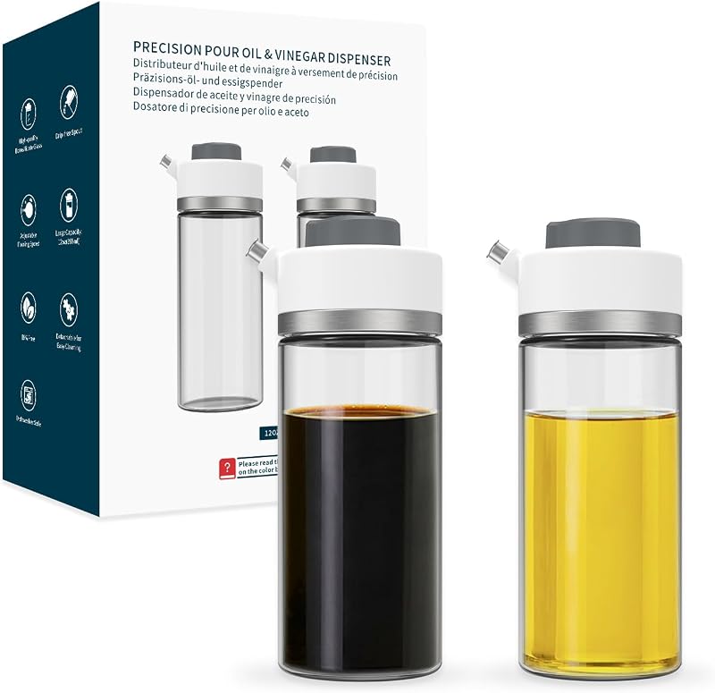 KITCHENDAO Dispensador de aceite de vidrio de precisión, juego de 2 piezas con 3 modos, boquilla antigoteo, dos velocidades de flujo ajustables, botella dispensadora de aceite y vinagre de 12 oz, juego de 2 unidades para cocina