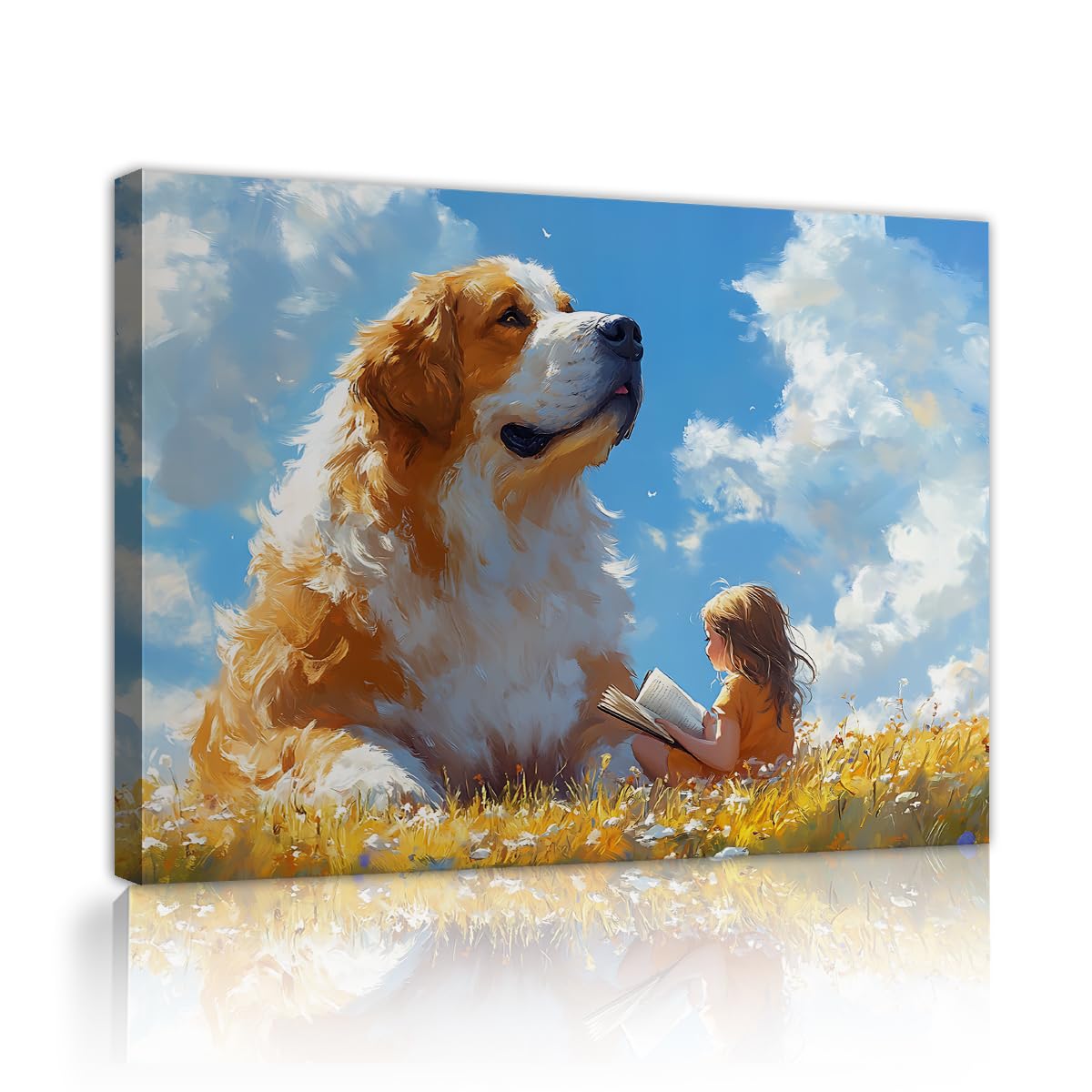 TOANGWALL Carina tela per cani Stampe murali Libro incorniciato di una bambina da sogno Libri di lettura Fiori di prato Illustrati da libro di fiabe Mural per bambini Arredamento della stanza 50x60cm