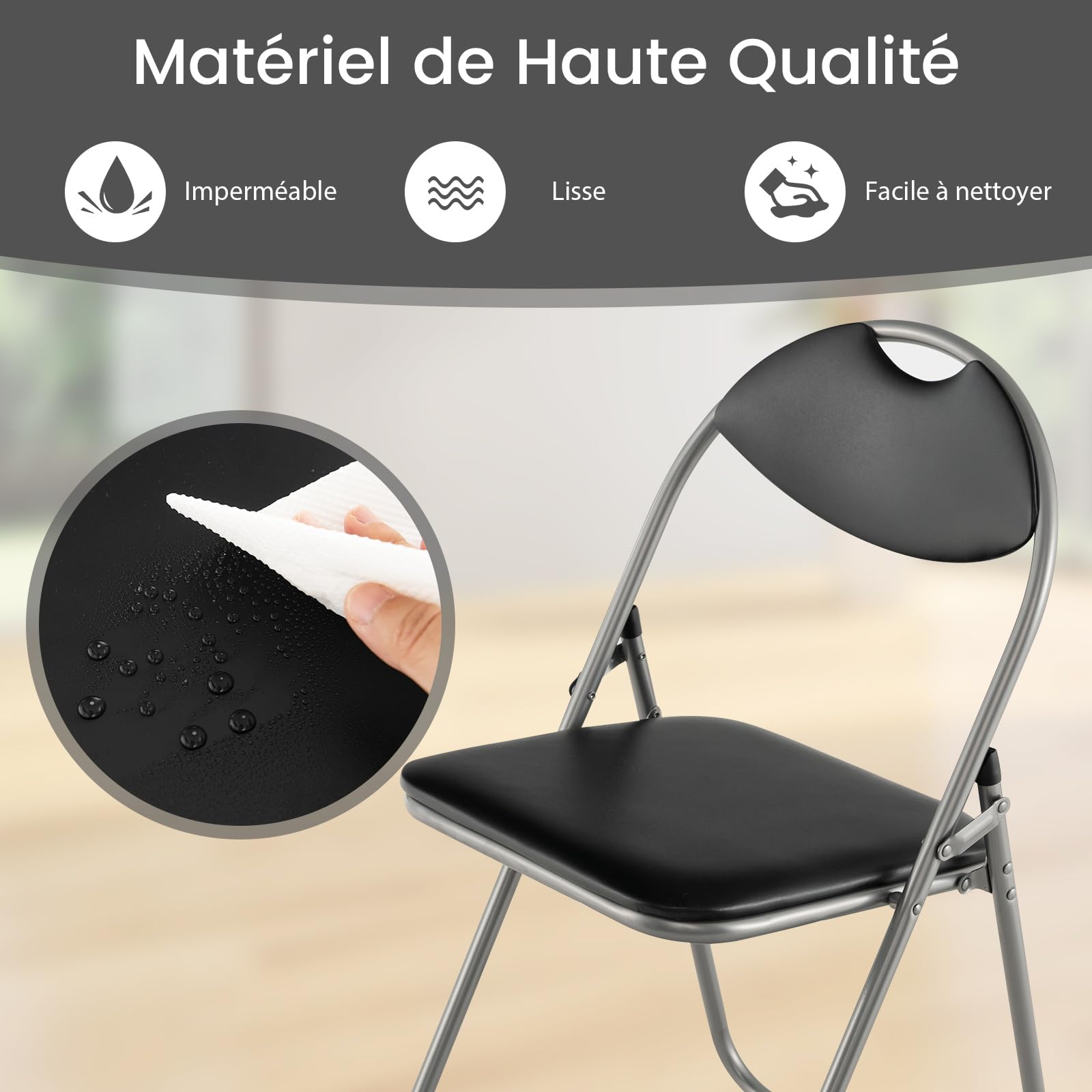COSTWAY Lot de 4 Chaise Pliante en Métal, Chaise Visiteur Pliable Rembourré avec Poignée, Charge 115 kg, sans Assemblage, Noir (Moderne,4)
