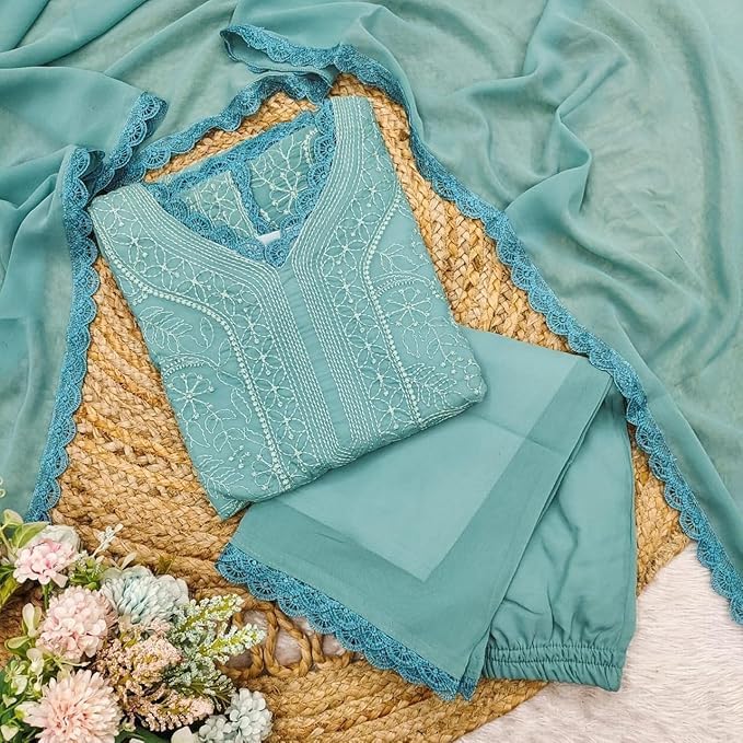 Image of Women's Chikankari Embroidered 3 Piece Suit Set in Faux Georgette - Long Gown Style Kurta with Lining with Dupatta