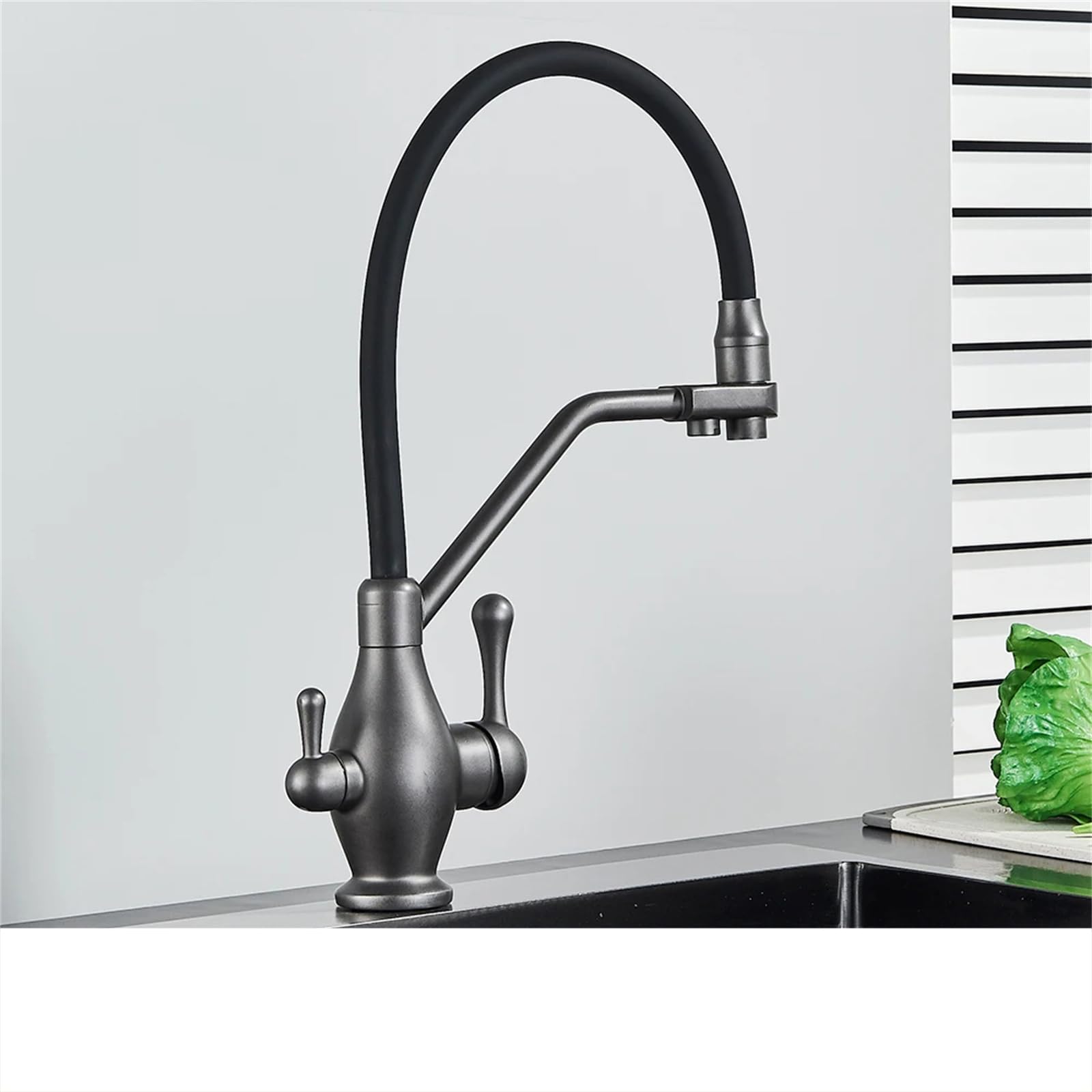 FCXWEVR 2-in-1 Black Brass Kitchen Faucet with Dual Swivel Spouts Modern Gray Finish Easy Water Filtration Mixer Tap for Home and Kitchen Use