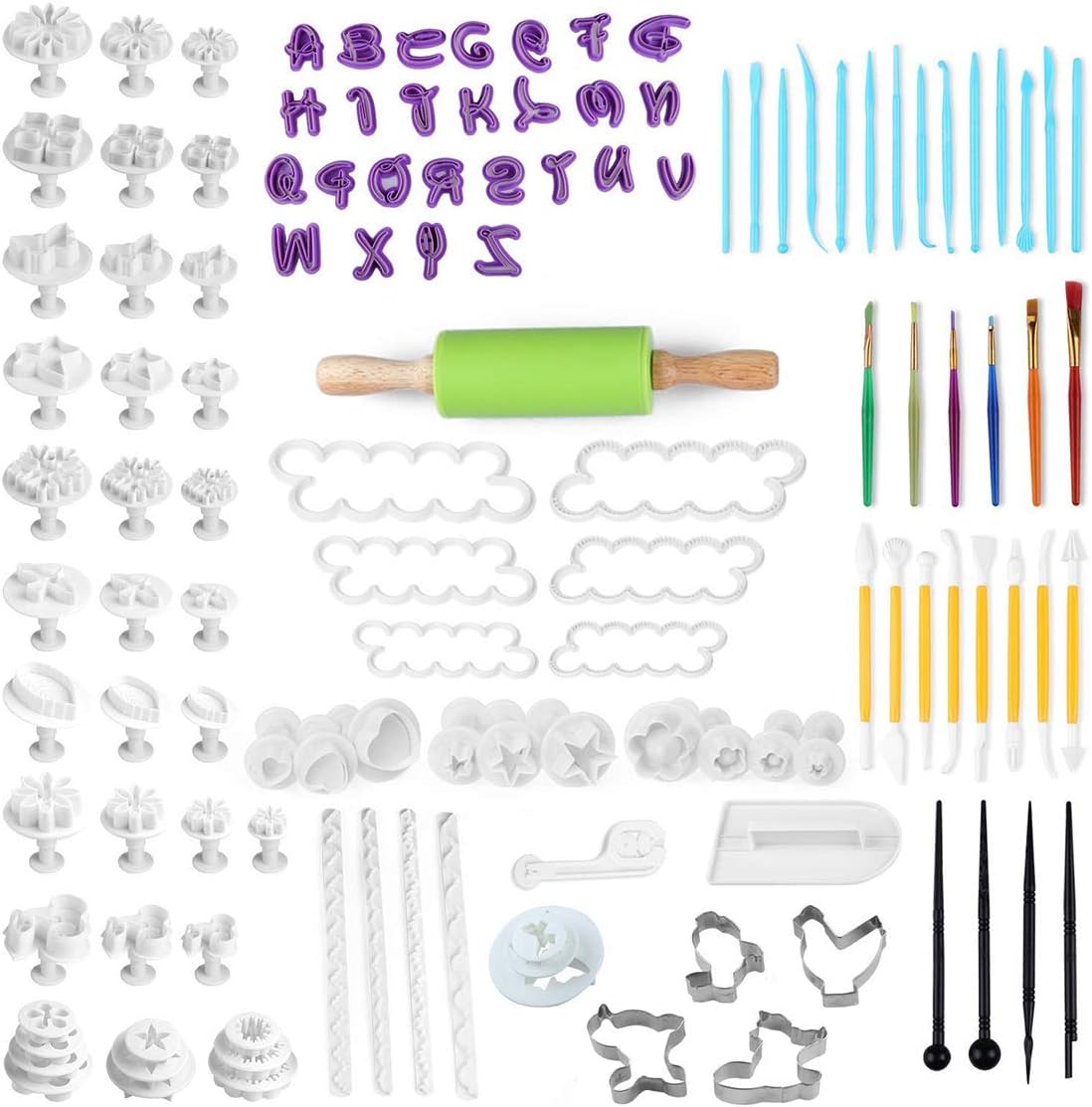 Fondant Tool Kit - 130 PCS Handmade Fondant Sugarcraft Cake Decorating Tool Set, Fondant Cake Cutter Supplies with Rolling Pin, Smoother, Embosser Mold Mould Tools, Colour Pen (130 PCS)