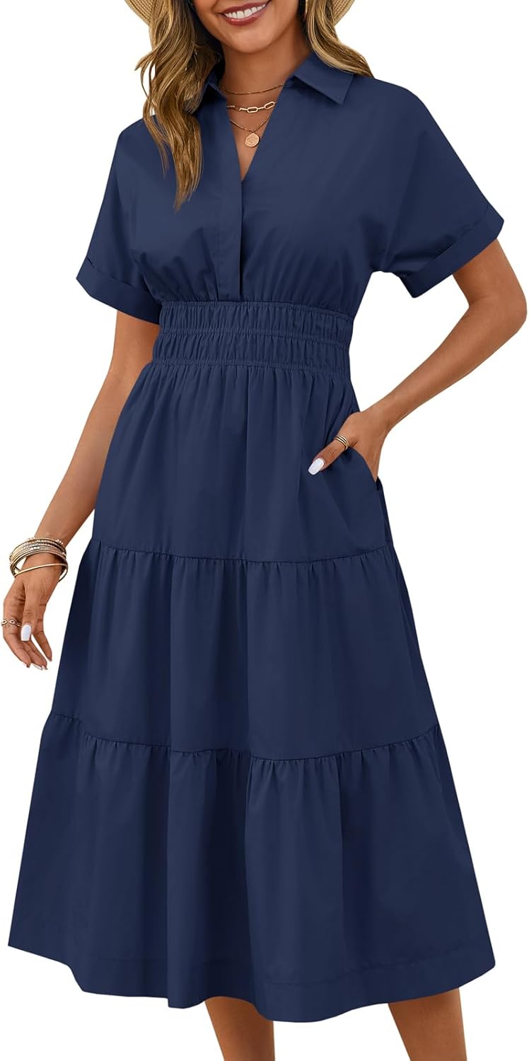 Wenrine Womens Summer Short Sleeve Maxi Dresses Casual V Neck Smocked Loose Tiered Flowy Shirt Dress with Pockets