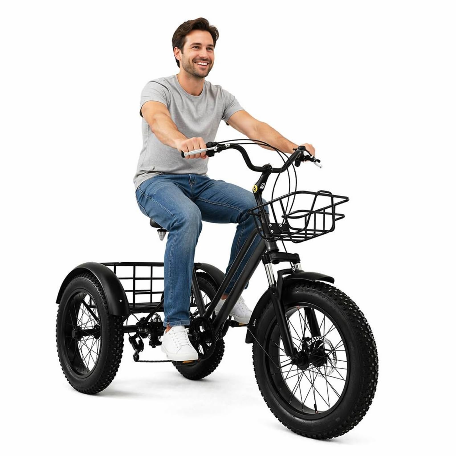 hKjPlvf Adult Tricycle 20 Inch 7 Speed Fat Tire Trike Low Step-Through All Terrain Cruiser Bicycle with Large Cargo Basket for Shopping Fitness Stability Outdoor Picnic Blue Black Black