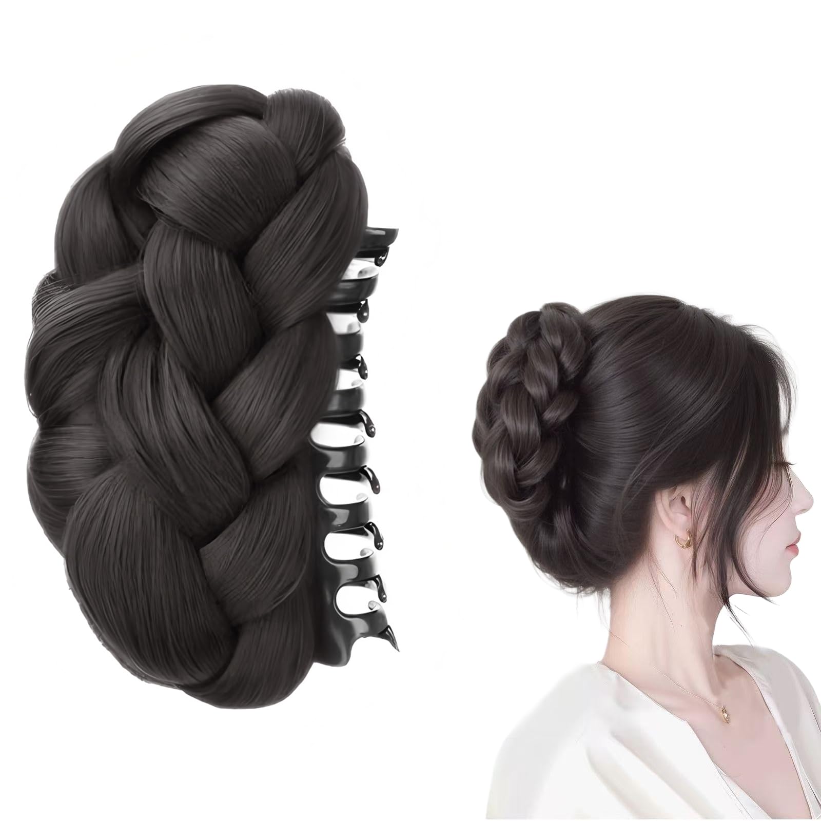 ZHEJIA お団子 ウィッグ 髪飾り シニヨン ヘアクリップ ピッタリな髪型 部分ウィッグ バンスクリップ 編み込み 装着簡単 人気 自然感 ボリューム 大きめ 部分 ボリュームアップ おしゃれ 和装 浴衣 結婚式 成人式 発表会 卒業式 普段使い レディース ダークブラウン